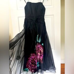 Badgley Mischka black painted art floral strapless sweetheart chiffon dress sz 6